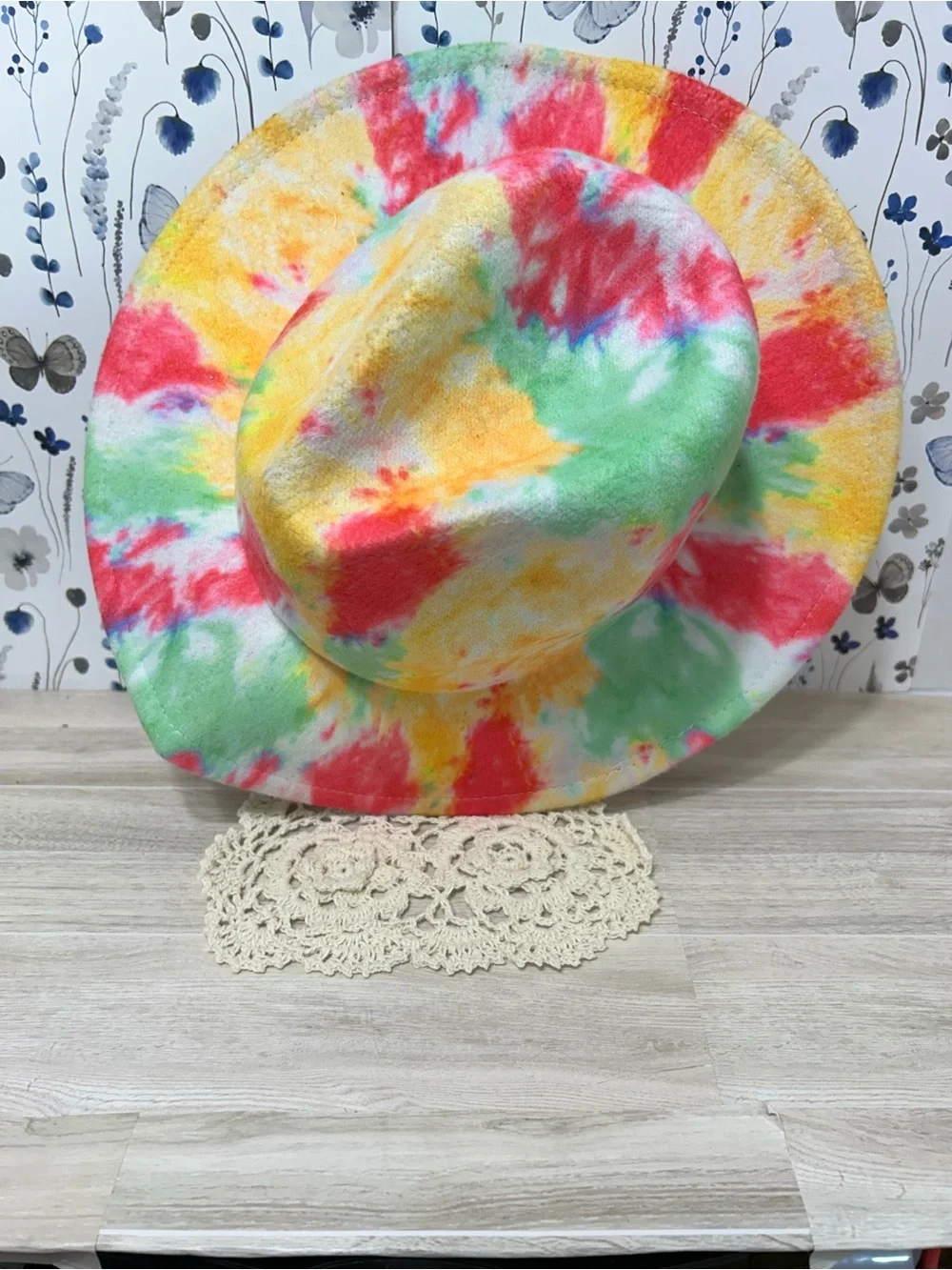 Colorful Tie Dye Wide Brim Fedora Hat Size 58 Boho Festival